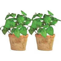 Kunstplant/kruiden basilicum - 2x - in oude terracotta pot - 15 cm - kruiden