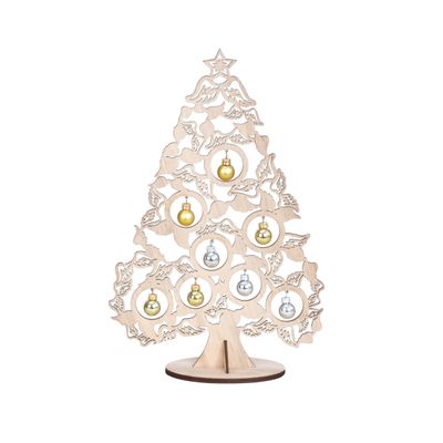 Klein decoratie kerstboompje - hout - met kerstballen - H38,5 cm