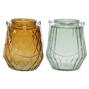 Set van 2x stuks theelichthouders/waxinelichthouders glas cognac en mistgroen 11 x 13 cm