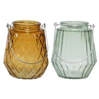 Set van 2x stuks theelichthouders/waxinelichthouders glas cognac en mistgroen 11 x 13 cm