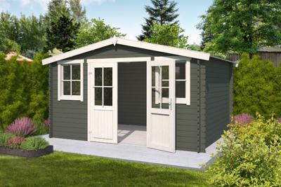 Outdoor Life Dallas Blokhut 396x312 cm 28 mm vuren Green Grey-Wit gecoat- Zadeldak- - Outdoor Life Outdoor Life Dallas Blokhut 396x312 cm 28 mm vuren Green Grey-Wit gecoat- Zadeldak- - Outdoor Life