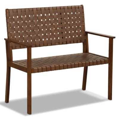 2-Zits Terrasbank Buiten Loveseat voor Elk Weer Massief Hevea Houten Frame Handgeweven Kunstleervoor Binnen Buiten Bruin