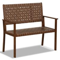 2-Zits Terrasbank Buiten Loveseat voor Elk Weer Massief Hevea Houten Frame Handgeweven Kunstleervoor Binnen Buiten Bruin