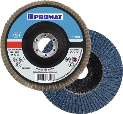 Promat/Tecwerk Lamellenslijpschijf | hoeklas | d. 125 mm korreling 40 conisch | RVS zirkoniumkorund - 4000840104