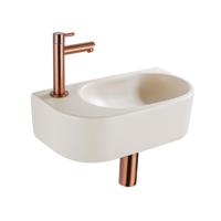 QeramiQ Fuente Fonteinset - 40x21.5x12cm - links - glad - halfrond - 1 kraangat - keramiek - fonteinkraan geborsteld koper - afvoerplug - verlaagd sifon - beige SW1209557/SW799405/SW799403/SW970033