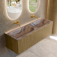 Badmeubel Mondiaz Kurve-Dlux | 140 cm | Meubelkleur Dusk | Wastafelkleur Sombra | Solid surface | Wasbak beide zijden spoelbak | Zonder kraangat(en)