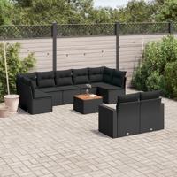 10-delige Loungeset met kussens poly rattan zwart