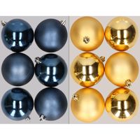 12x stuks kunststof kerstballen mix van donkerblauw en goud 8 cm   -