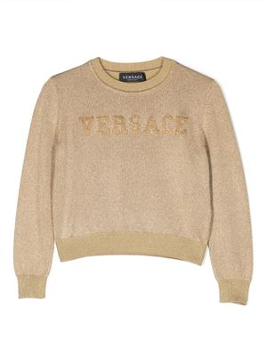 Versace Kids pantalon en maille métallisée à logo brodé - Or