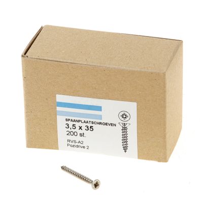 Spaanplaatschroef roestvaststaal A2 platkop pozidrive-2 3.5X35 voldraad (200) Spaanplaatschroef roestvaststaal A2 platkop pozidrive-2 3.5X35 voldraad (200)