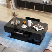 Moderne LED Salontafel Bijzettafel met 2 Niveaus met 20 Gekleurde LED-Lampjes en 2 Opbergladen Rechthoekige Centrale Tafel Zwart