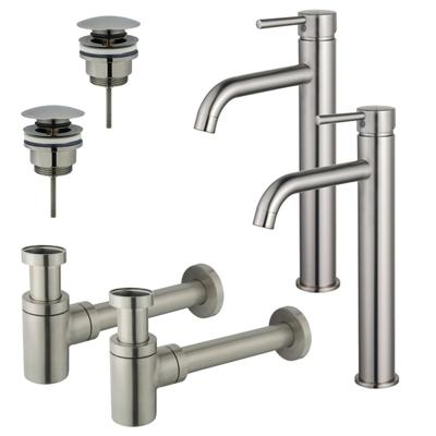 Fortifura Calvi Wastafelkraanset - voor dubbele wastafel - verhoogde wastafelkraan - klikwaste plug - verlaagde design sifon - Geborsteld RVS PVD (RVS) 2x SW377857/2x SW696201/2x SW696217