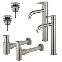Fortifura Calvi Wastafelkraanset - voor dubbele wastafel - verhoogde wastafelkraan - klikwaste plug - verlaagde design sifon - Geborsteld RVS PVD (RVS) 2x SW377857/2x SW696201/2x SW696217