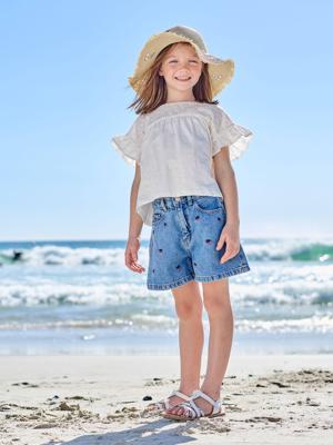 Geborduurde short voor meisjes middenblauw