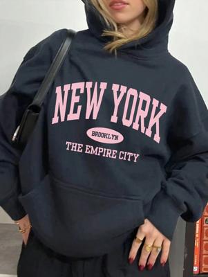 Bon&Bon Women's Black Letter Print Hooded Sweatshirt - Casual Pullover Dark Grey / XS