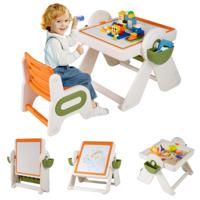 9-in-1 Multifunctionele Kinderbureau- en Stoelset Met Opvouwbaar Kinderbureau En Omkeerbaar Tafelblad-Oranje