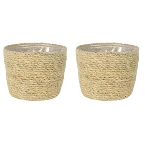 Ter Steege Plantenmand - Set van 3x stuks - zeegras - rotan - beige - 15 x 12 cm - plastic binnenkan