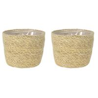 Ter Steege Plantenmand - Set van 3x stuks - zeegras - rotan - beige - 15 x 12 cm - plastic binnenkan