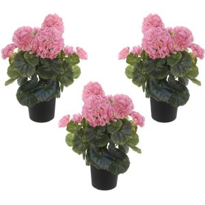 Set van 3x stuks roze geranium Pelargonium Graveolens kunstplanten in zwarte kunststof pot 35 cm