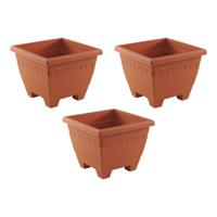 Plantenbak/bloempot Lima - 3x - terracotta kleur - vierkant - kunststof - 35x35x28 cm - planten pot