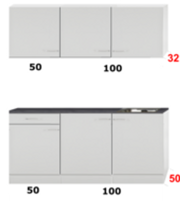 Kleine keuken 150cm x 50cm diep met een la en rvs spoelbak en wandkasten RAI-9916