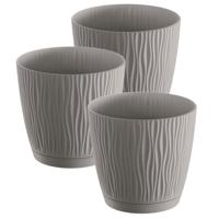 Plantenpot/bloempot Waves - 3x stuks - kunststof - steengrijs - D17 x H16 cm - binnen/buiten