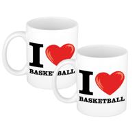 I Love Basketball koffiemok - 2x - beker - rood hartje - 300 ml - keramiek - cadeau - sport