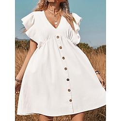 Dames Casual jurk Katoenen linnen jurk Witte katoenen jurk Mini-jurk Ruche nappi Basic Dagelijks V-hals Korte mouw Zomer Lente Zwart Wit Effen Lightinthebox