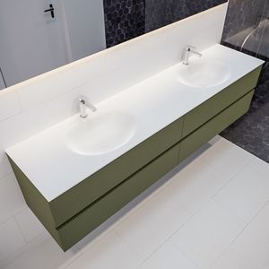 Mondiaz Vica Moon badmeubel groen mat 200 cm 4 lades solid surface dubbele spoelbak 2 kraangaten