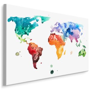 Schilderij - Wereldkaart in aquarel, print op canvas, multikleur, premium print