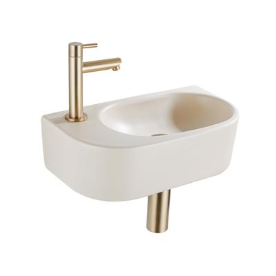 QeramiQ Fuente Fonteinset - 40x21.5x12cm - links - glad - halfrond - 1 kraangat - keramiek - fonteinkraan geborsteld messing - afvoerplug - verlaagd sifon - beige SW1209557/SW696208/SW696218/SW696238