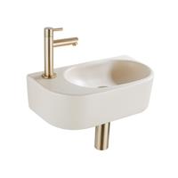 QeramiQ Fuente Fonteinset - 40x21.5x12cm - links - glad - halfrond - 1 kraangat - keramiek - fonteinkraan geborsteld messing - afvoerplug - verlaagd sifon - beige SW1209557/SW696208/SW696218/SW696238