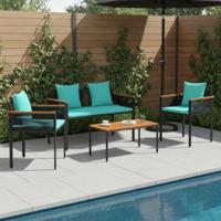 Buitenmeubelset met kussen 4 pcs Zwart en Turquoise PE Rattan