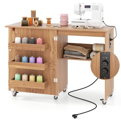 2 in 1 Opvouwbare Naaitafel met Oplaadstation & Planken Naai-Machineschuur Naai-Kast Natuur