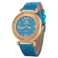FULAIDA vrouwen Strass goud poeder PU lederen riem quartz horloge (blauw)