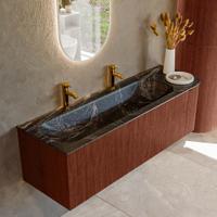 Badmeubel Mondiaz Kurve-Dlux | 145 cm cm | Meubelkleur Ruby | Wastafelkleur Lava | Solid surface | Wasbak links zijde spoelbak | 2 kraangaten