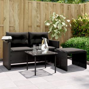 3-delige Loungeset met kussens poly rattan zwart