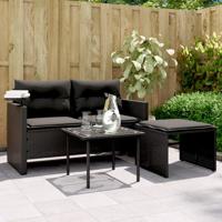 3-delige Loungeset met kussens poly rattan zwart - thumbnail