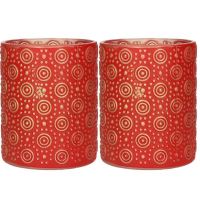 2x stuks luxe theelichthouder/kaarsenhouder - rood/goud - glas - D10 x H12 cm