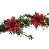 2x stuks kerstboomversiering bloemen op clip rode kerstster 18 cm - thumbnail