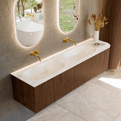 Badmeubel Mondiaz Kurve-Dlux | 175 cm | Meubelkleur Walnut | Wastafelkleur Ostra | Solid surface | Dubbele spoelbak | Zonder kraangat(en)