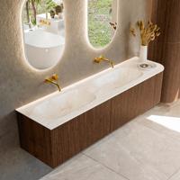 Badmeubel Mondiaz Kurve-Dlux | 175 cm | Meubelkleur Walnut | Wastafelkleur Ostra | Solid surface | Dubbele spoelbak | Zonder kraangat(en)