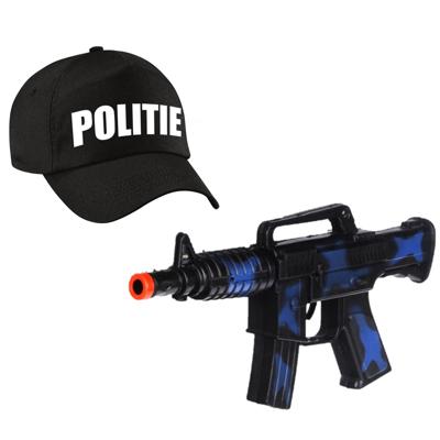 Carnaval verkleed speelgoed set - politiepet zwart - voor kinderen - met machinegeweer 27 cm