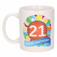 21 jaar Verjaardag koffiemok - cadeau beker - feestelijke ballonnen print - 300 ml - keramiek - wit