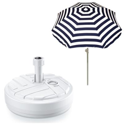 Tuin parasol met voet van 10 liter - blauw/wit strepen - polyester/kunststof - Dia 180 cm