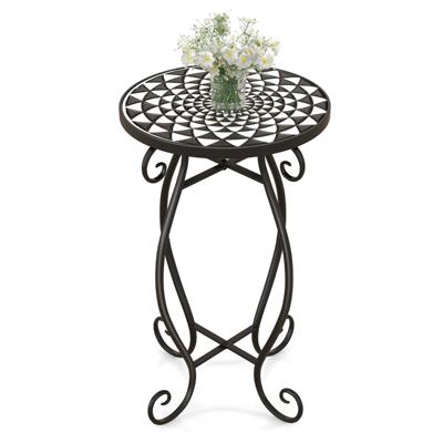Mozaïek Bijzettafel voor Binnen en Buiten Ronde Terrastafel met Weerbestendig Tafelblad Kleine Plantenstandaard Zwart + Wit