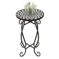 Mozaïek Bijzettafel voor Binnen en Buiten Ronde Terrastafel met Weerbestendig Tafelblad Kleine Plantenstandaard Zwart + Wit