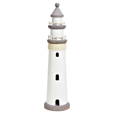 Vuurtoren beeldje - Hout - 12 x 48 cm - wit/grijs - Maritieme decoraties binnen
