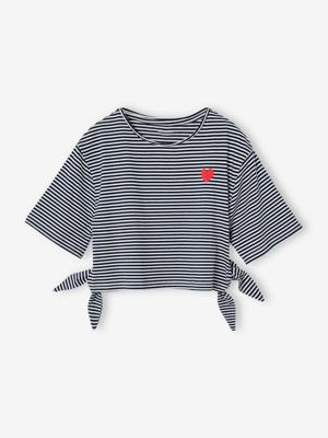 Kort gestreept meisjesshirt met sierstrik marineblauw