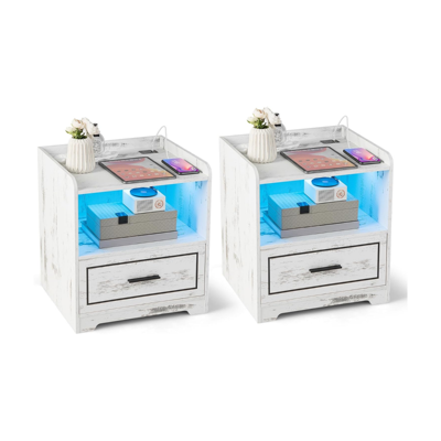 Set van 2 Nachtkastjes met Ledlicht USB-Poort en Type C-Laadstation Nachtkastje met Bewegingssensor Bijzettafel met Open Vak Wit